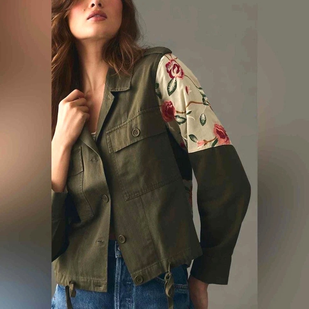 Tiny Leslie by Anthropologie Jacket sz Small Embroidered Dark Green Utility - Picture 2 of 13